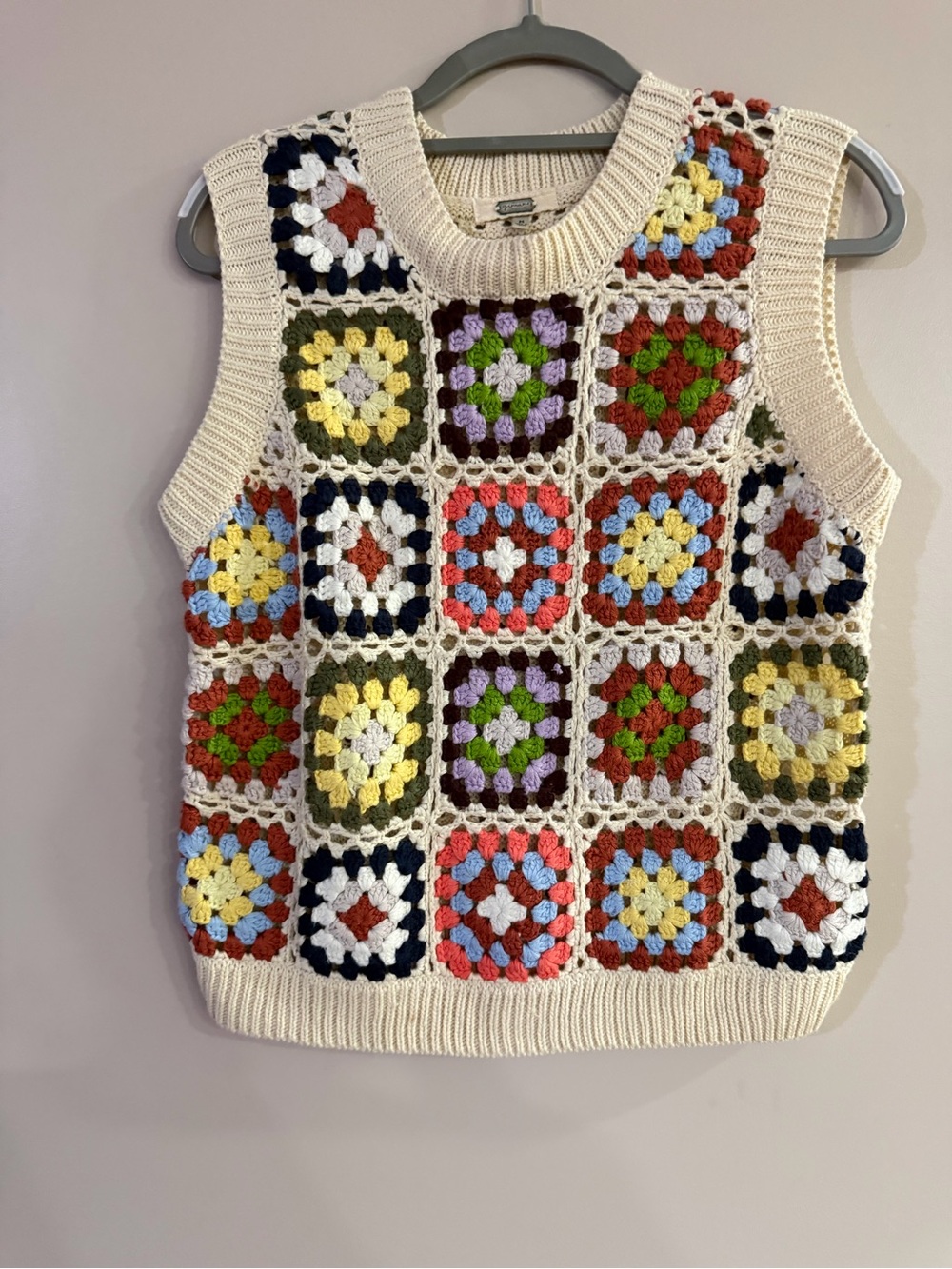 Crocheted Granny Square V-Neck Sweater Vest - Cream Multi. Like new condition